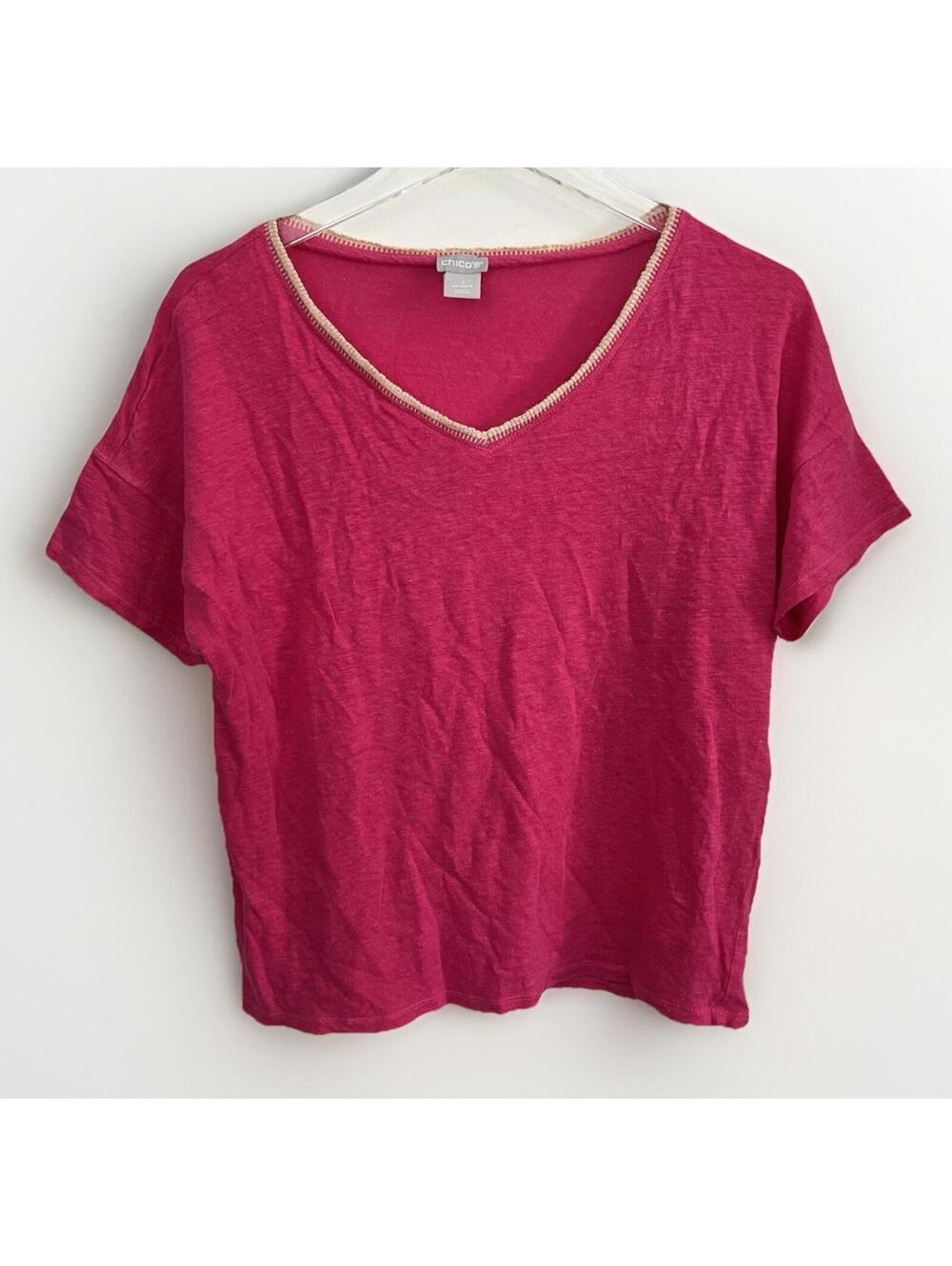 Chico’s Pink Magenta V-Neck Short Sleeve Top Size 1 Medium M Casual Summer
